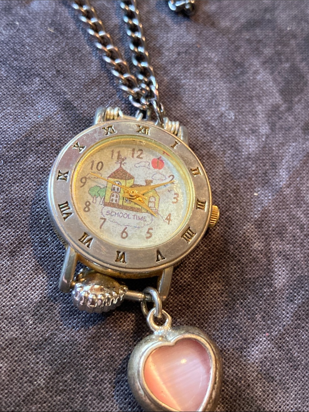 Silver-Tone 'School Time' Pendant Watch Necklace with Pink Heart Charm